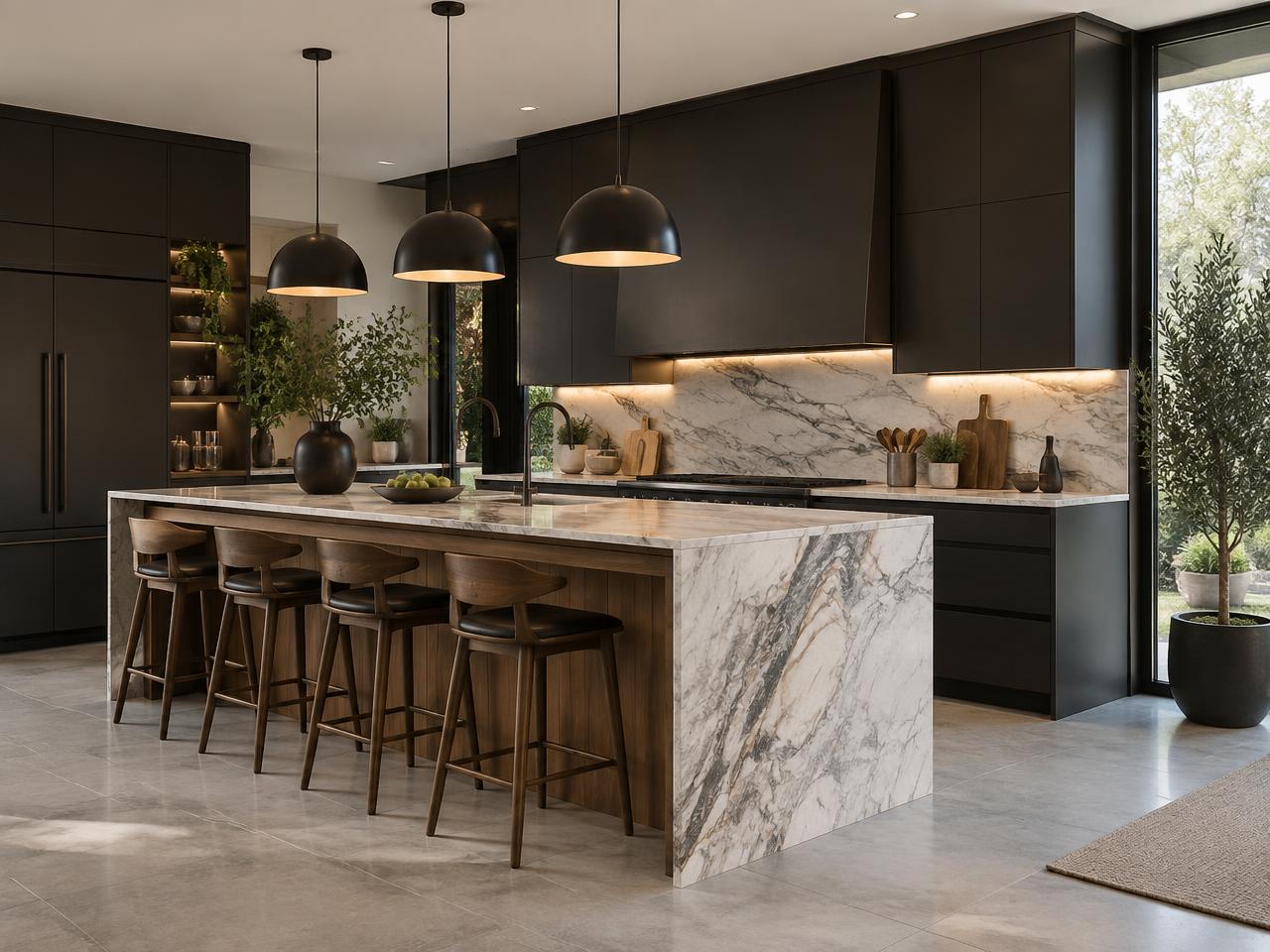 Modern kitchen with dark cabinetry and a marble island